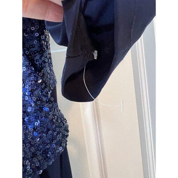 R&M RICHARDS Maxi Dress Gown Navy Blue Stretch Knit Ruffle Sequins Sz 14 Evening - Picture 4 of 12